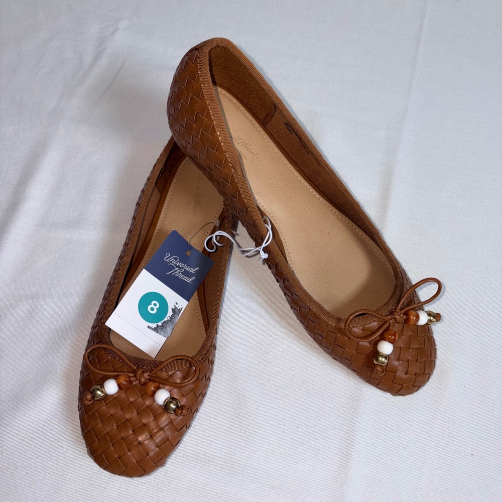 Universal Thread Merritt Ballet Flats 8 Cognac NEW Woven Beaded Bow Brown Shoes